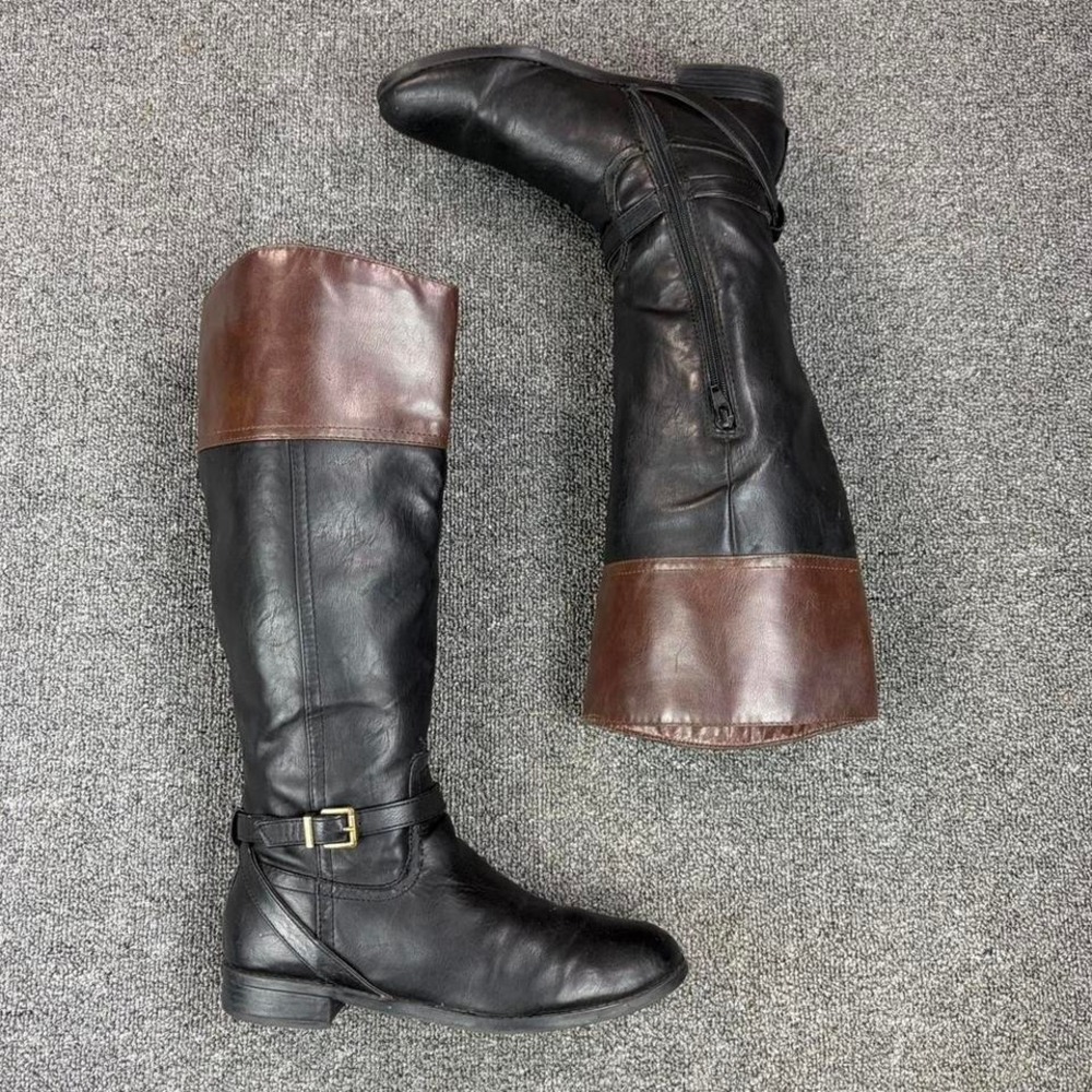 Women's Black and Brown Knee High Harness Buckle Strap Side Zip Tall Boots Sz 8